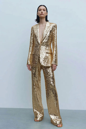 Sparkly Golden 2-Piece Peak Lapel Women Prom Suits